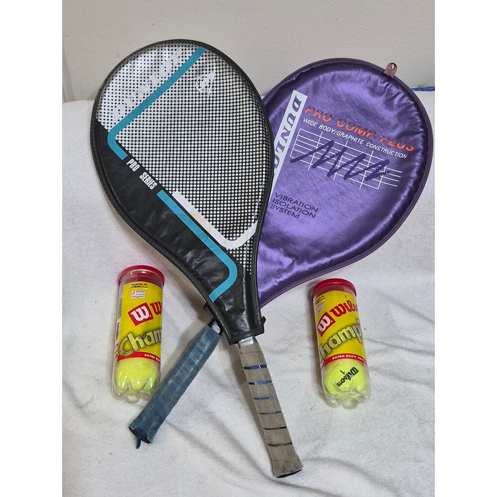 Dunlop Pro Comp Plus Tennis Racket Set (2) Graphite Wide Body w/ Covers, 7 Balls